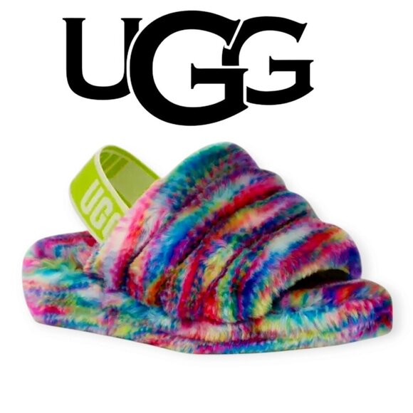 UGG Women's Fluff Yeah Pixelate Rainbow Slip-On Sandals Size 7 - Picture 1 of 14